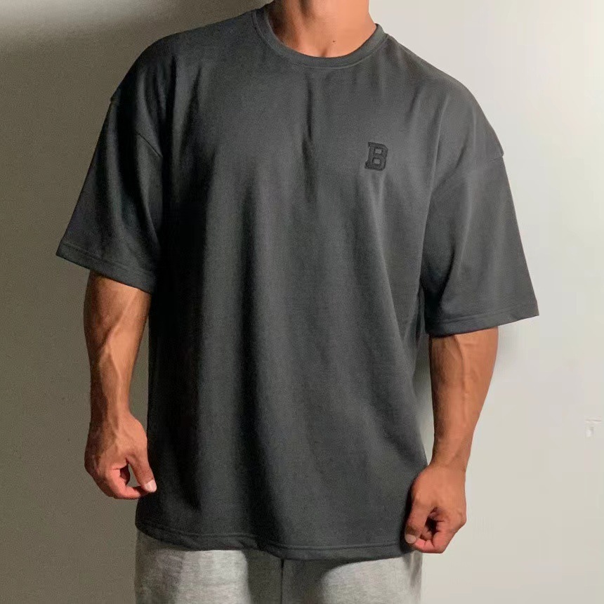 Large Size Loose Short Sleeve Men's Muscle Shoulder Half Sleeve Summer Sports Fitness Top 230g Cotton Heavy Weight T-shirt