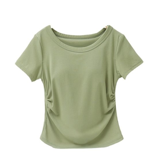 Short-sleeved T-shirt with Chest Pad Women's Tight Waist Slimming Bra One-piece Top Bra-free Sports Yoga New Base Shirt