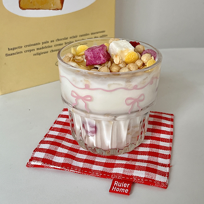 Bolimei Ins Wind Powder Bowknot Glass Girl's Heart Cold Juice Cup Milk Coffee Cup Breakfast Cup