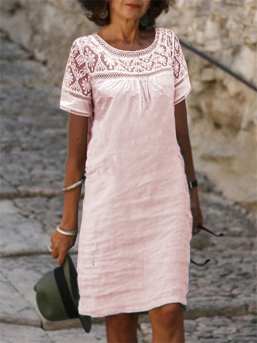 2023 Amazon independent station spring and summer new casual lace stitching round neck cotton linen solid color short sleeve dress