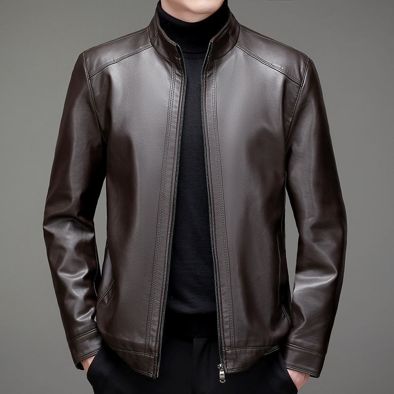 Haining Leather Men's Middle-aged Slim-fit Short Leather Jacket Men's Business Casual Fleece Plus Size Leather Leather Jacket