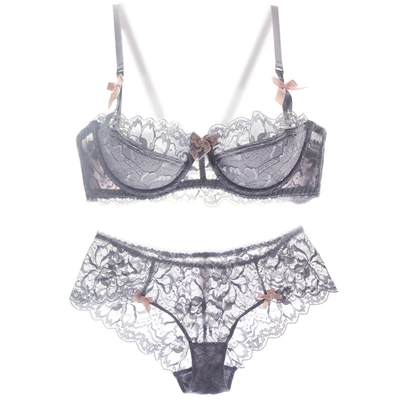 French lace underwear women's sexy thin push-up translucent big chest small side bra with steel ring suit