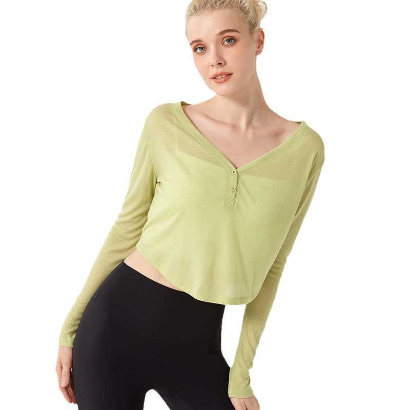Loose V-neck yoga clothes long-sleeved T-shirt casual draping outer wear fitness top women's lightweight quick-drying sports blouse
