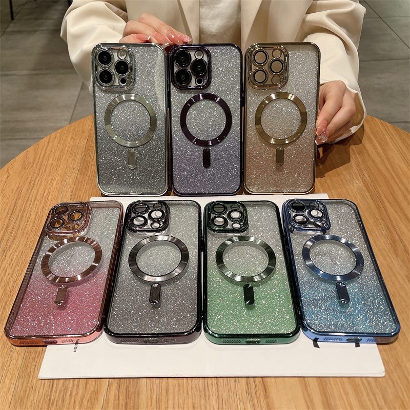 漸變閃粉iphone15手機殼鏡頭膜13磁吸適用蘋果12防塵網11電鍍硅膠