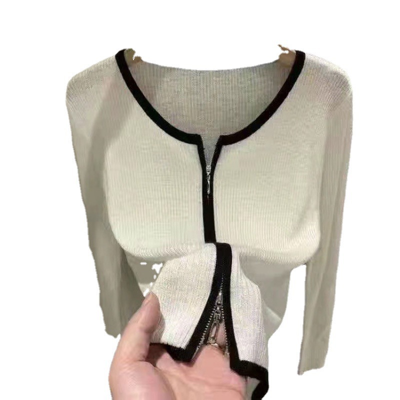 College Wind Knitted Cardigan Long Sleeve T-Shirt Early Autumn Women's 2023 New Threaded Zipper