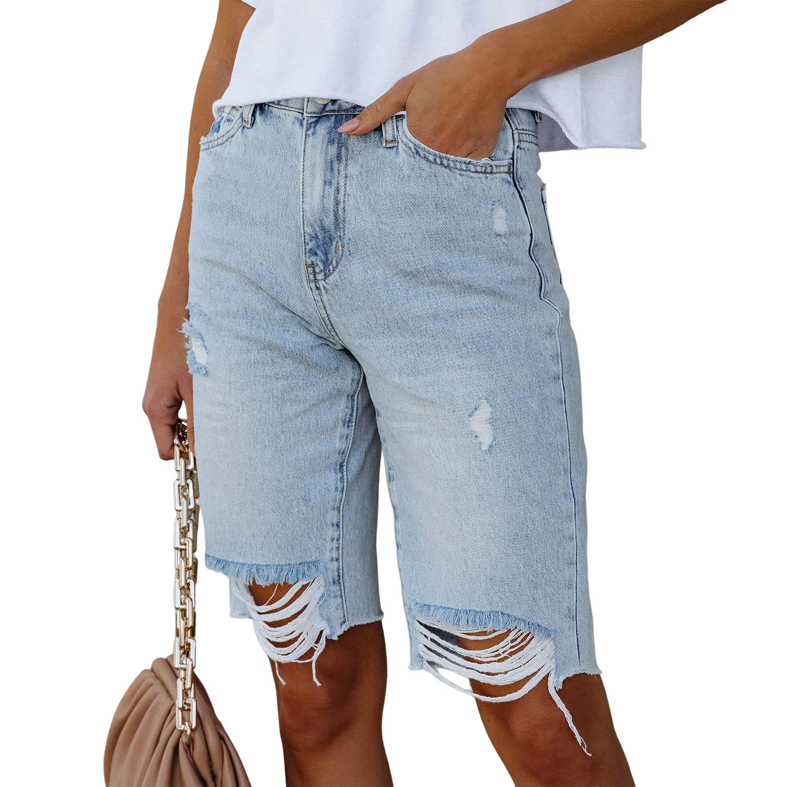 2023 New Cross-border Europe and the United States Summer High Elastic Leg Pants Mid-waist Five-point Pants Ripped Jeans Women's Super Hot
