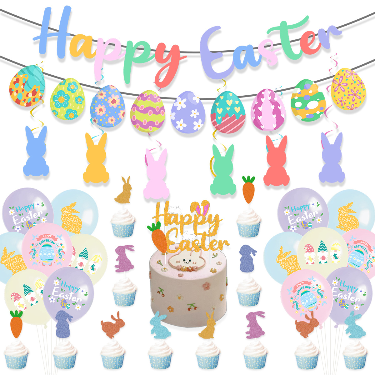 Cross-border Easter Party party decoration colorful egg rabbit pull flag balloon spiral ornaments suit wholesale
