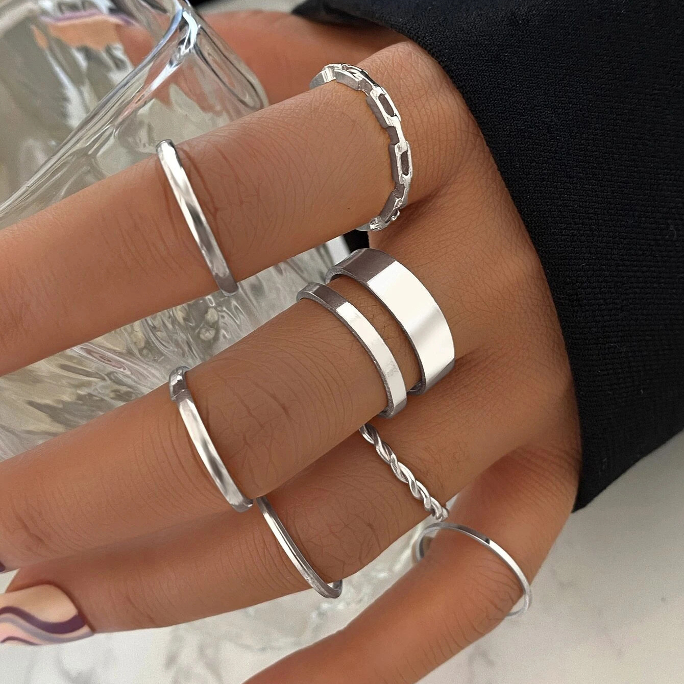 欧美跨境热销金属关节戒指创意简约ins风戒指组合套装7件套rings