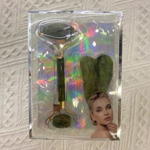 Facial jade roller two-piece set Jade massager facial scraping plate beauty green southern Jade zinc alloy