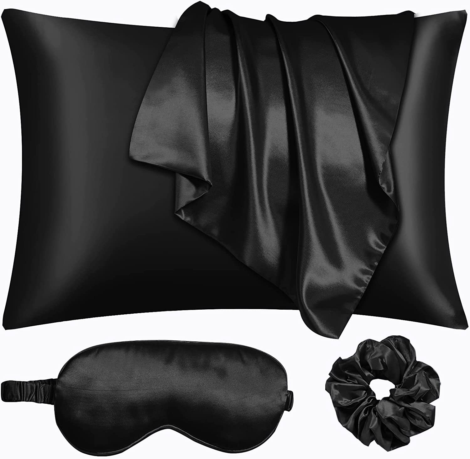 Amazon Hot Sale Satin Imitation Silk Pillow Case with Eye Mask Hair Ring Combination Pillow Cover Satin Large Intestine Rubber Band Hair Ring