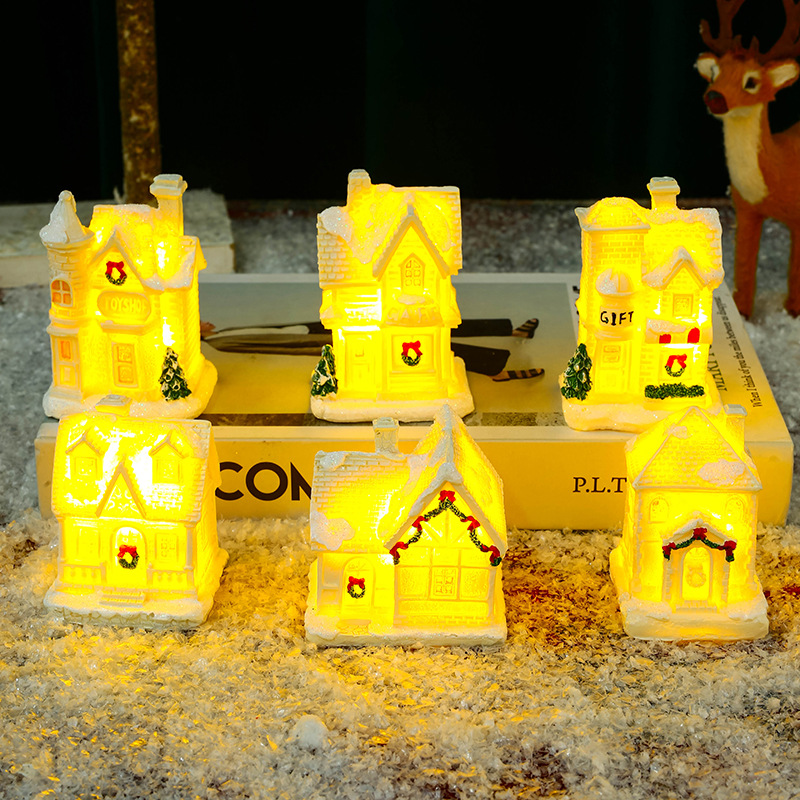 Amazon new Christmas decoration white luminous resin small house Micro landscape small ornaments Christmas gift