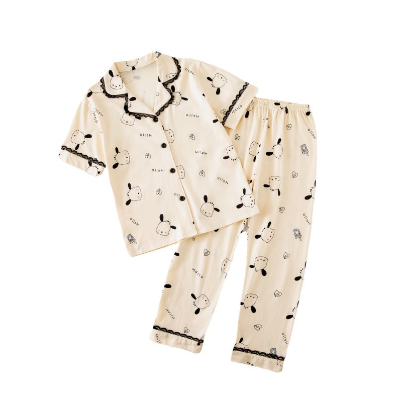 2024 New Children's Suit Girls Cotton Summer Thin Home Clothes Lace Ear Dog Printed Pajamas