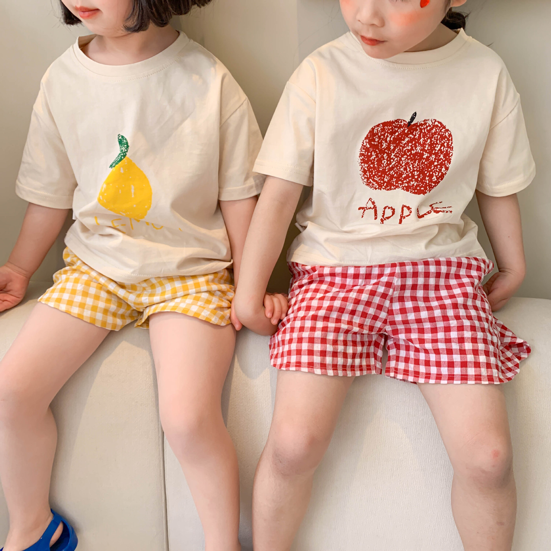 Wheat Field Season 23 Summer New South Korea Children's Suit Children's Fruit Short-sleeved T-shirt Cotton Plaid Shorts Baby suit