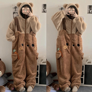 Winter Soft Girl Bear Pajamas Thickened Coral Fleece Cute One-piece Pajamas Girl's Cartoon ins Home Clothes Nightgown