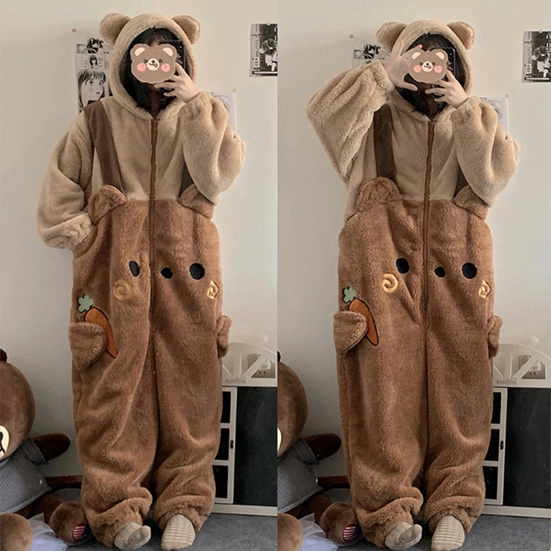 Winter Soft Girl Bear Pajamas Thickened Coral Fleece Cute One-piece Pajamas Girl's Cartoon ins Home Clothes Nightgown