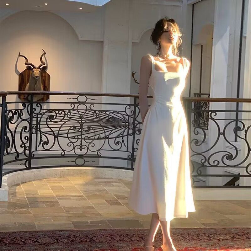 Fashion Trend White Sling Dress Women's 2024 New A- line French Waist Niche Design Long Dress