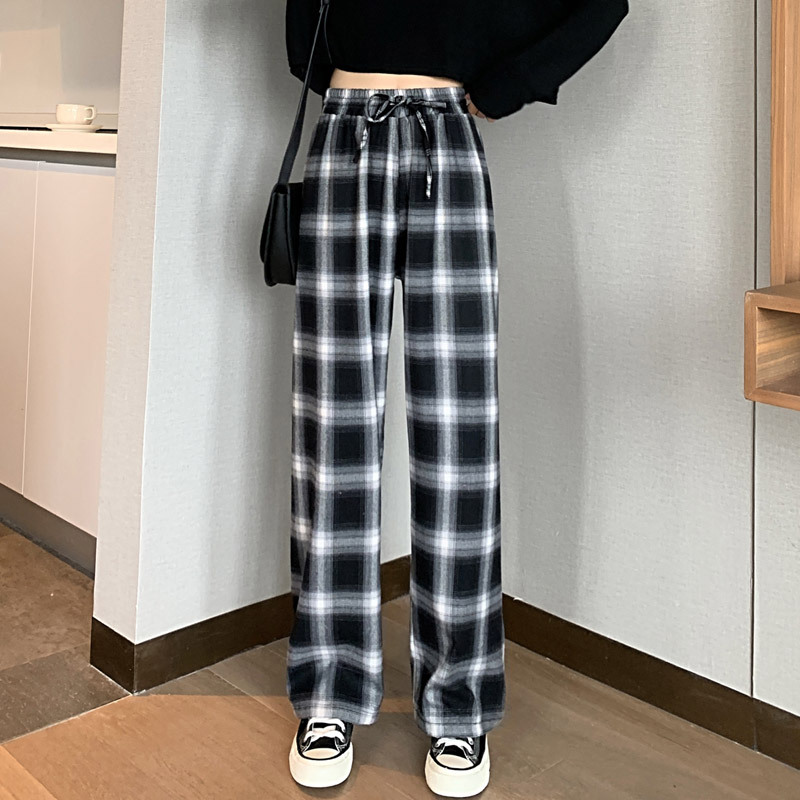 Black and White Plaid Pants Women's Spring and Autumn New High Waist Loose Straight Tube Draping Internet Popular Casual Floor Mopping Pants Wide Leg Pants