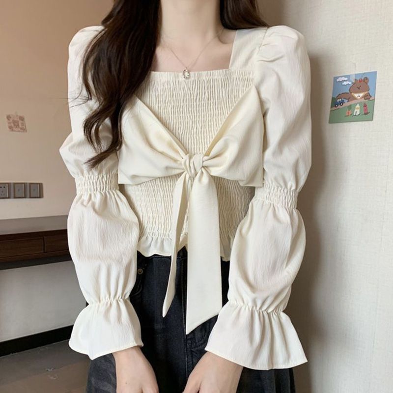2024 New French style niche short long sleeve shirt design slim fit slimming bow bottoming shirt top for women