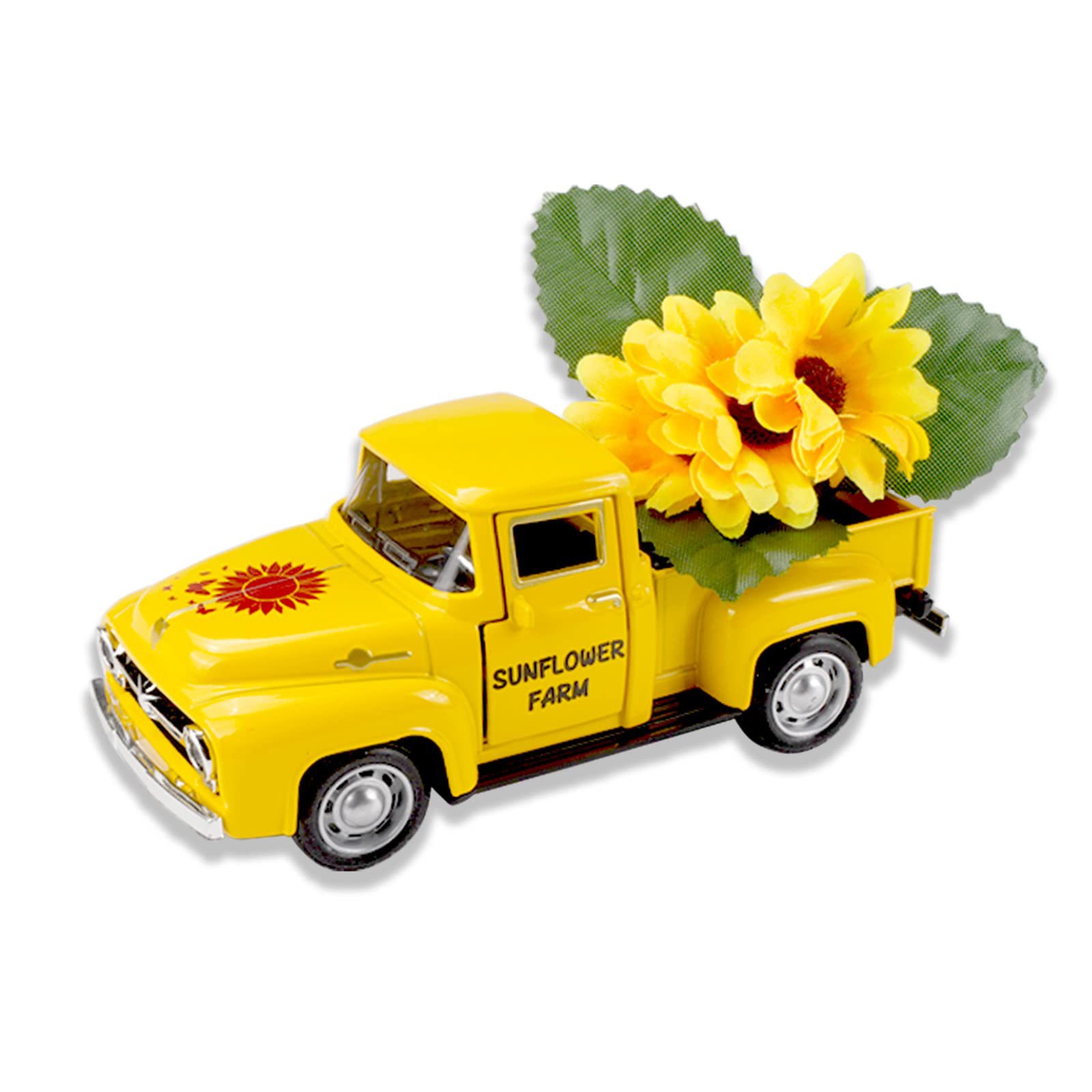 Mini Yellow Metal Truck Decoration with Sunflower Artificial Flower Layered Tray Decoration Vintage Yellow Truck