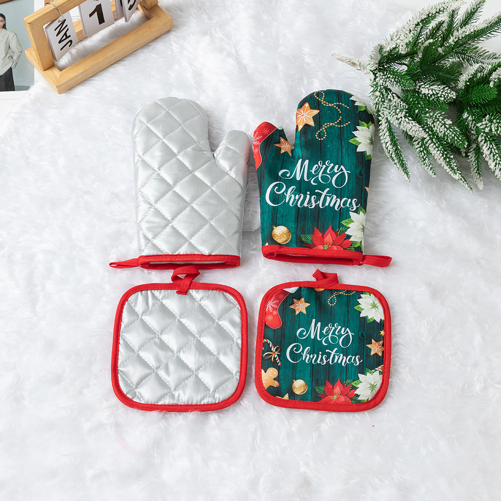 Christmas Microwave Oven Gloves Kitchen Household Anti-scald Baking Gloves Heat Resistant Oven Gloves Set
