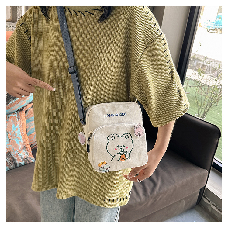 Cute Cartoon Canvas Phone Bag 2023 New Style Printed Trendy Sweet Shoulder Crossbody Bag Women's Preference Bag