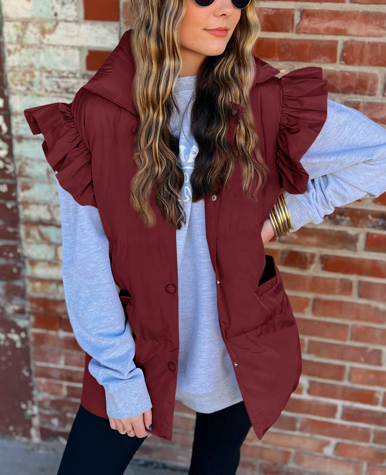 Grenzüberschreitende europäische und amerikanische Herbst- und Winterneuheiten mit lockerer Tasche und Baumwollpolsterung, fliegende Ärmel, elegante Weste, Stehkragen, Mode, Einreiher_voghion.com