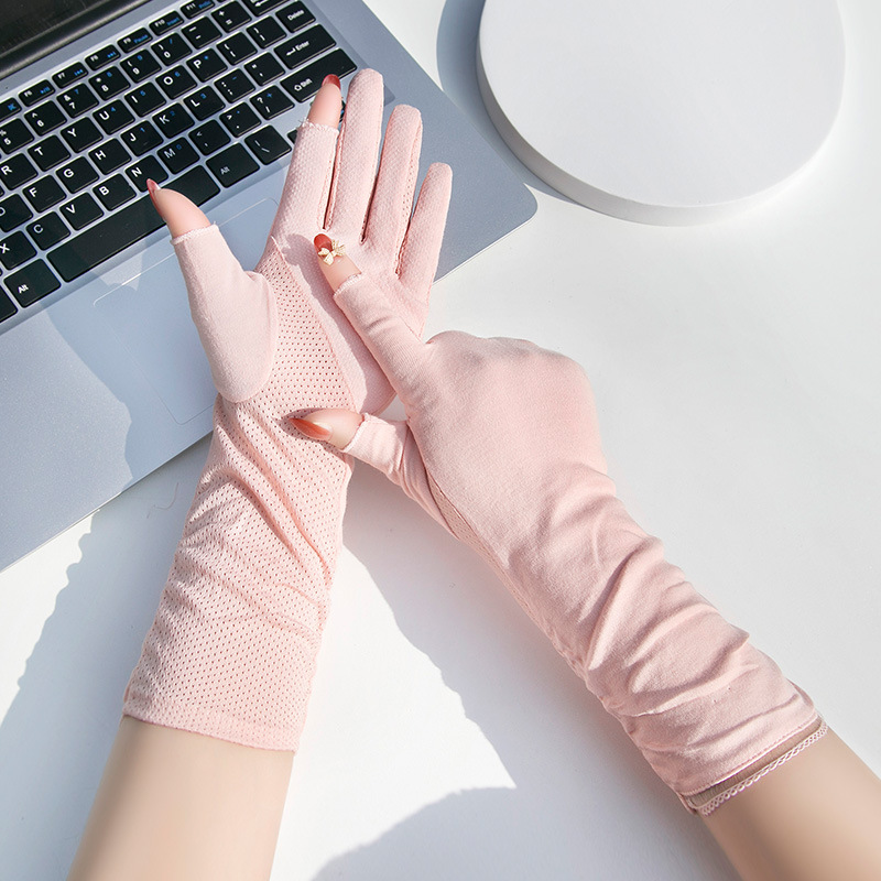 Sunscreen Gloves Women's Mid-Length Summer Thin Driving Ride Tea Picking Nail Art Non-Slip Cotton Breathable Open Fingers Spring and Autumn Half Finge_voghion.com