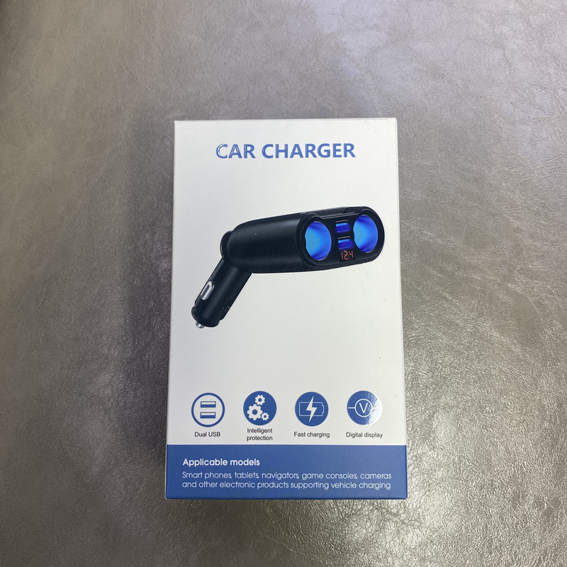 Car cigarette lighter dual USB in-line car charger digital display one-on-two folding car power distributor