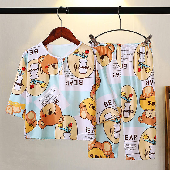 Children's Long Sleeve Pants Pajamas Wholesale Cotton Silk Sleeping Boys and Girls Baby Air Conditioning Home Suit Summer Cotton Silk
