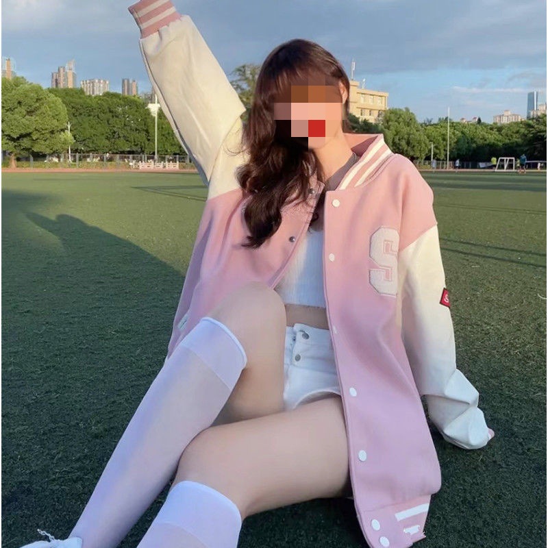 Vintage Academy Style Fleece-lined Pink Baseball Suit Women's Spring and Autumn New All-match Thickened Jacket Cardigan Jacket Women's Coat