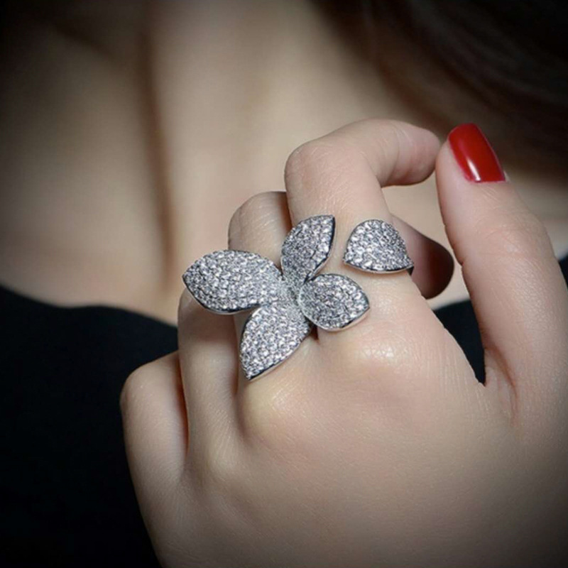 曹適歐美簡約奢華大氣蝴蝶戒指 滿鑲鋯石花朵開口戒指女ins潮指環