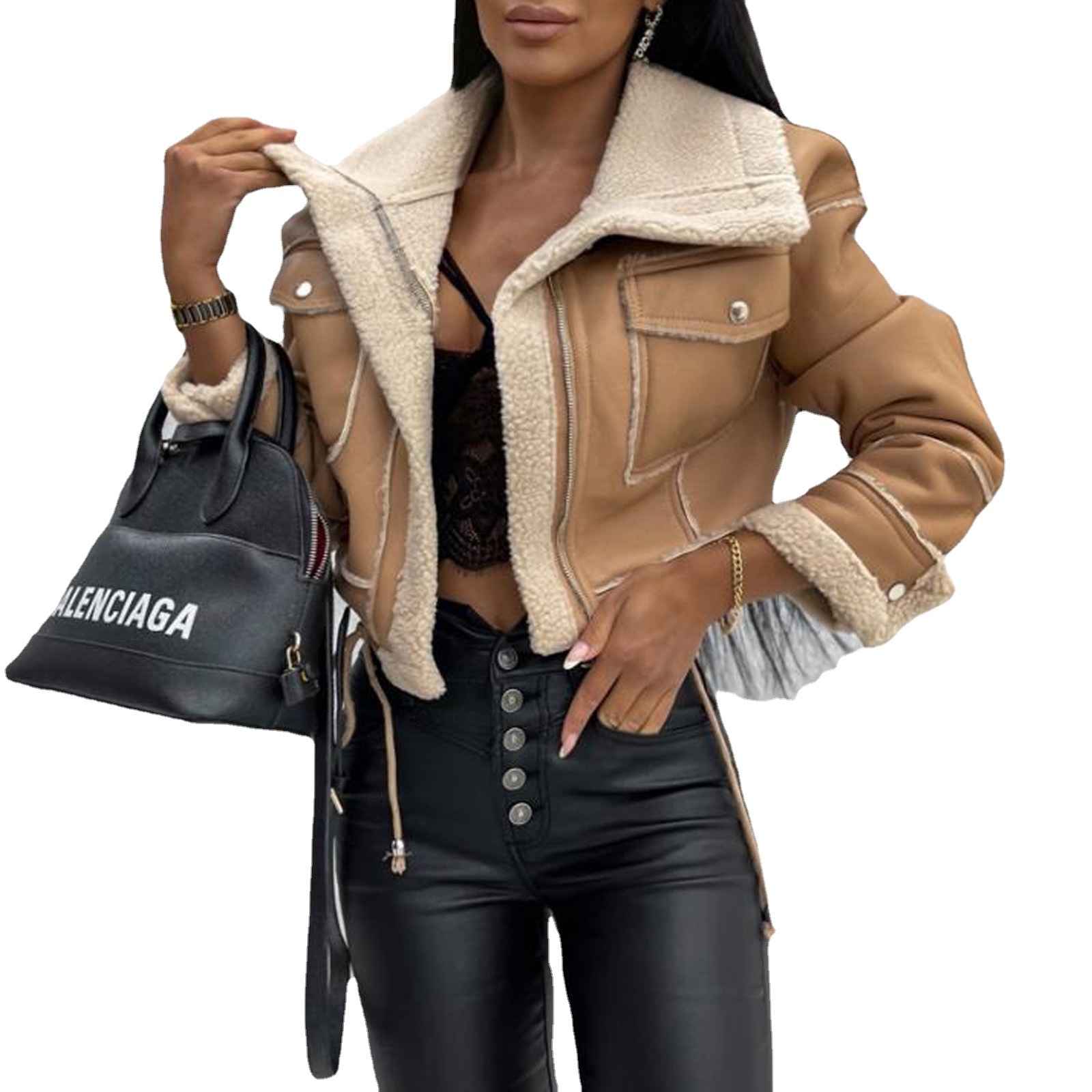 European and American foreign trade women's autumn and winter lamb wool short coat New zipper machine car style jacket women's SU3120