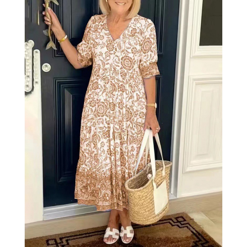 2023 New plus size Super fairy v-neck floral dress seaside holiday beach skirt loose all-match long skirt
