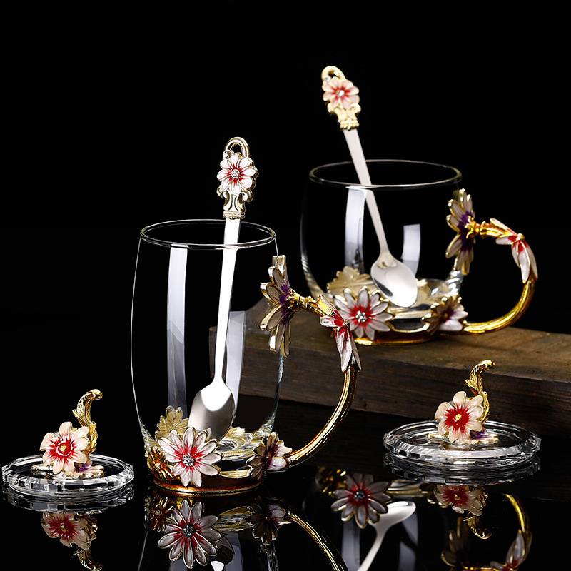 Factory wholesale round enamel color water cup high temperature crystal glass cup luxury transparent tea cup holiday gift