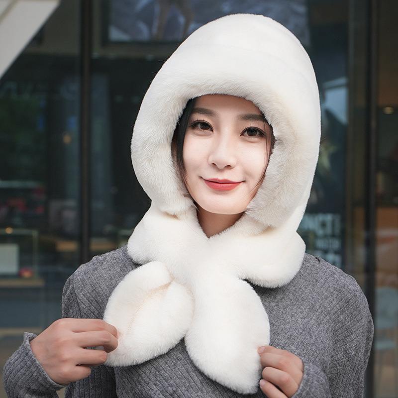 Hat and Scarf New Women's Winter Imitation Rabbit Fur Plus Velvet Thickened Toe Ear Protecting Riding Hat Warm Neck Protecting Scarf