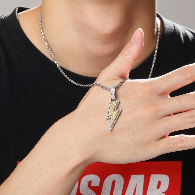 European and American hip hop full diamond lightning necklace personality hip hop men's trendy women's necklace long sweater chain ornaments
