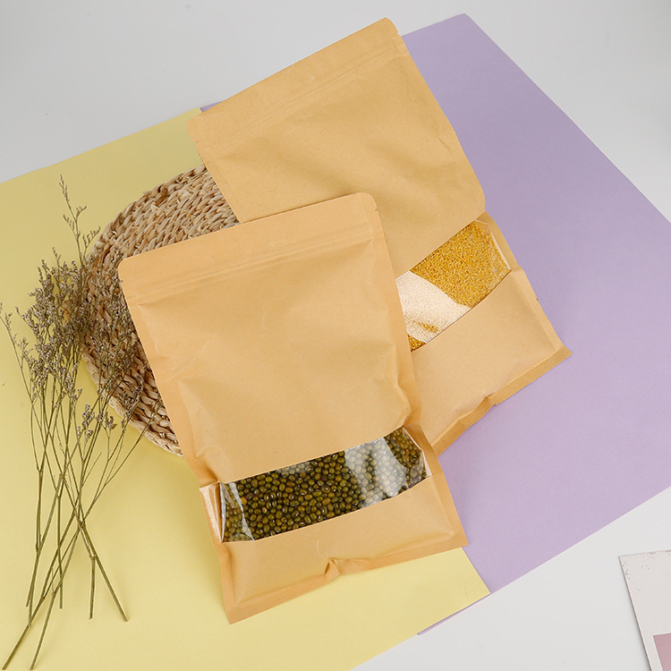 Wholesale food Kraft paper bag window flat bottom sealed bag self-adhesive bag nut agricultural products packaging bag flat bag