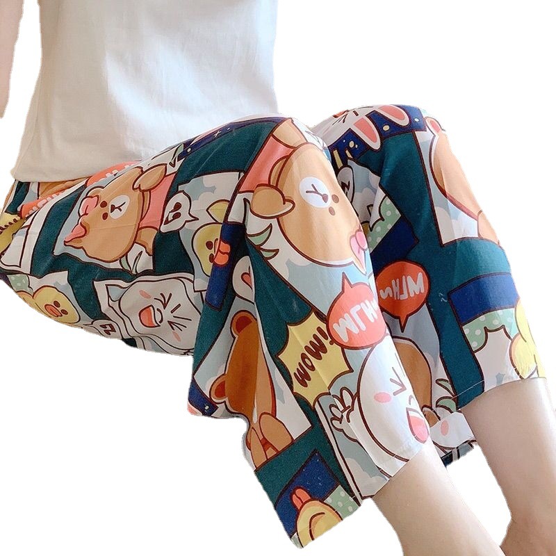 Cotton Silk Pajama Pants Women's Summer Thin Cartoon Printed Casual Wide Leg Pants Pregnant Women's Outer Wearing Foreign Trade Pants Single Pants