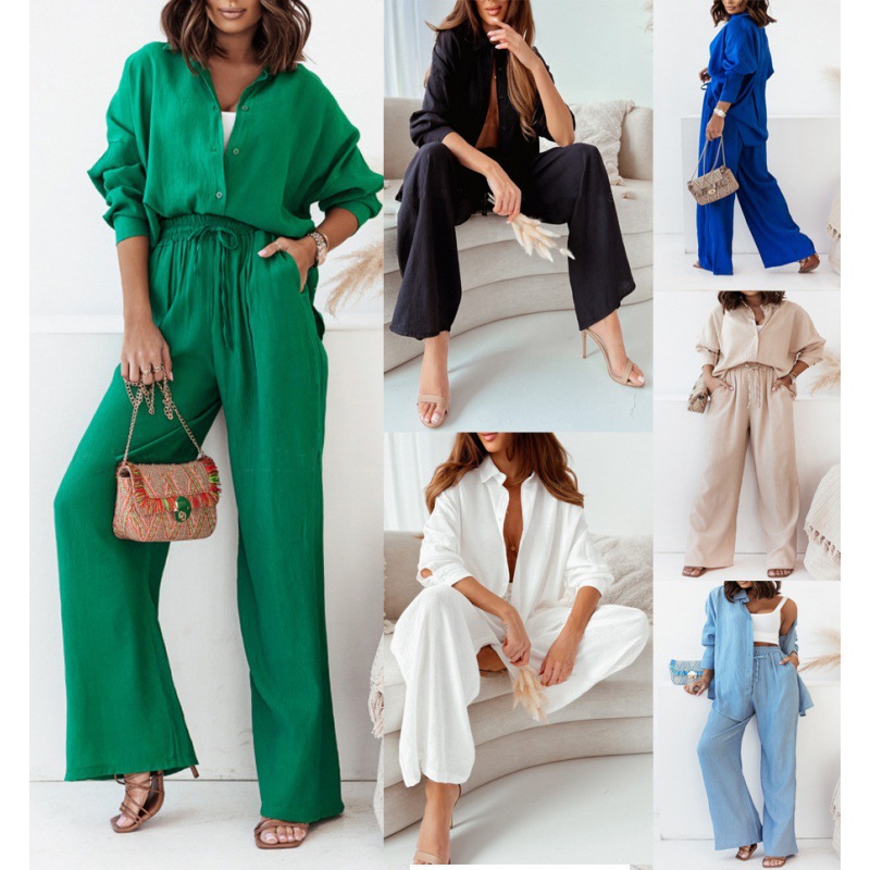 2022 European and American Autumn and Winter INS New Loose Stretch Wrinkled Long-sleeved Shirt Wide-leg Pants Casual Set for Women