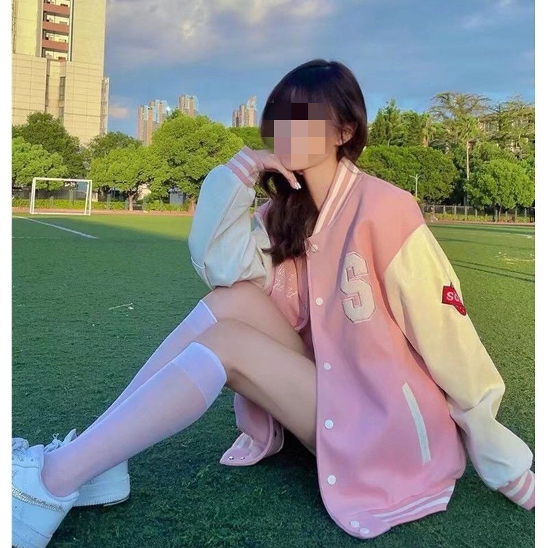 Vintage Academy Style Fleece-lined Pink Baseball Suit Women's Spring and Autumn New All-match Thickened Jacket Cardigan Jacket Women's Coat