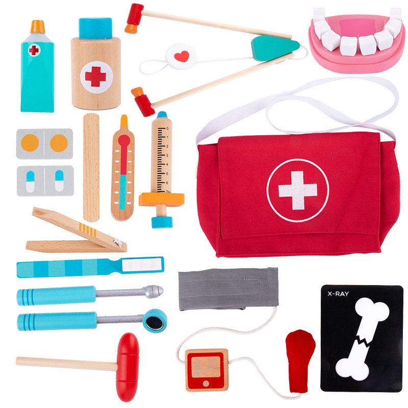 Wooden Children's Doctor Toy Set Girl's Injection Simulation Satchel Medical Bag Home Stethoscope