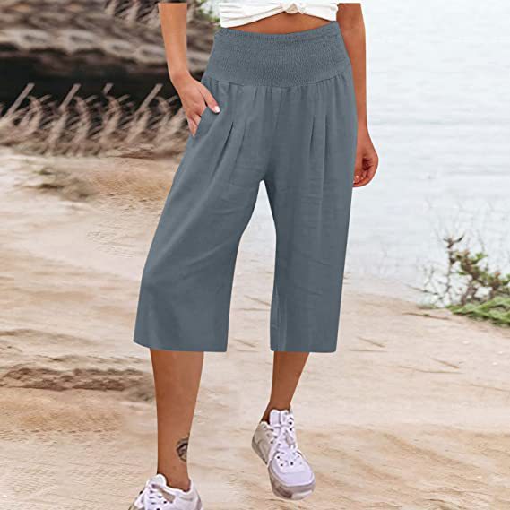 Summer 2024 Amazon European and American Women's Cross-border Cotton and Linen Seven-point Waist Bag Pocket Thin Wide-leg Pants for Women
