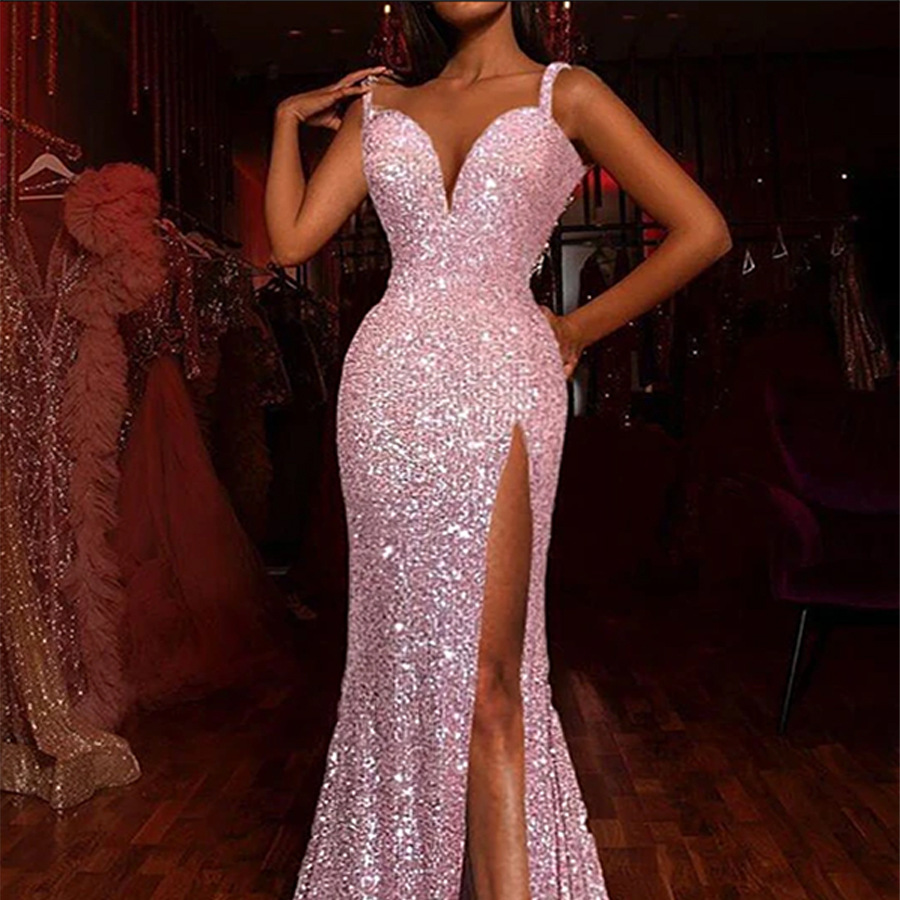 2024 Cross-border Summer New Amazon European and American Women's Dress Split Sleeveless Sequin Strap Dress