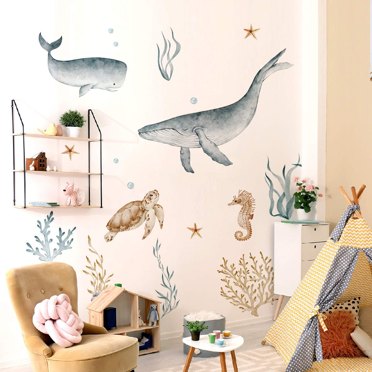 MS3088 large submarine animal whale turtle watercolor style whole wall decorative wall sticker