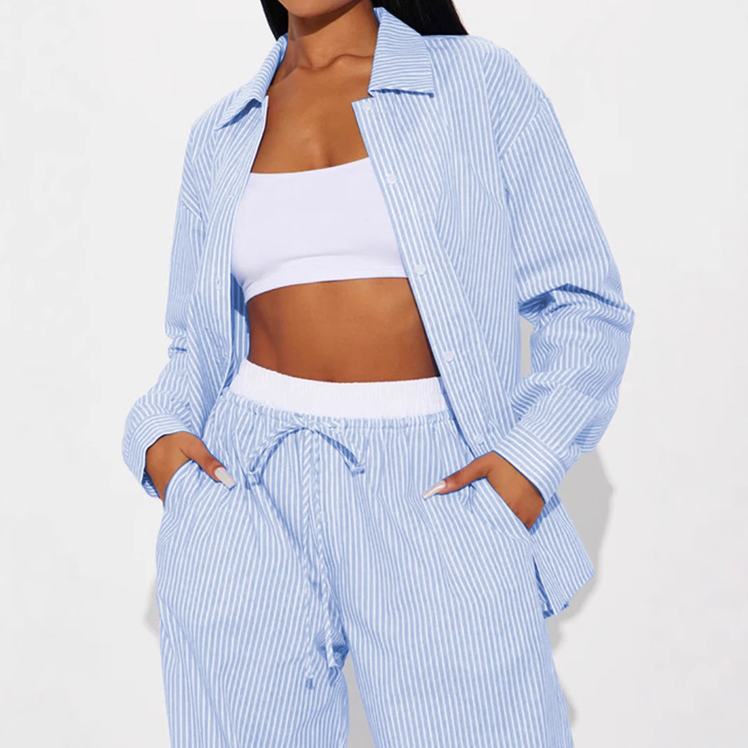 European and American New 2025 Spring Amazon Women's Casual Striped Laps Shirt Single-breasted Flat-angle Wide-leg Pants suit