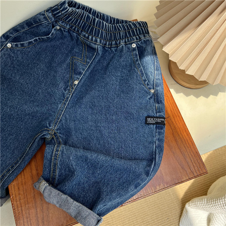 Korean Children's Wear Autumn Dark Blue Jeans 2023 Loose Solid Color Torre Pants Casual Denim Trousers for Boys and Girls