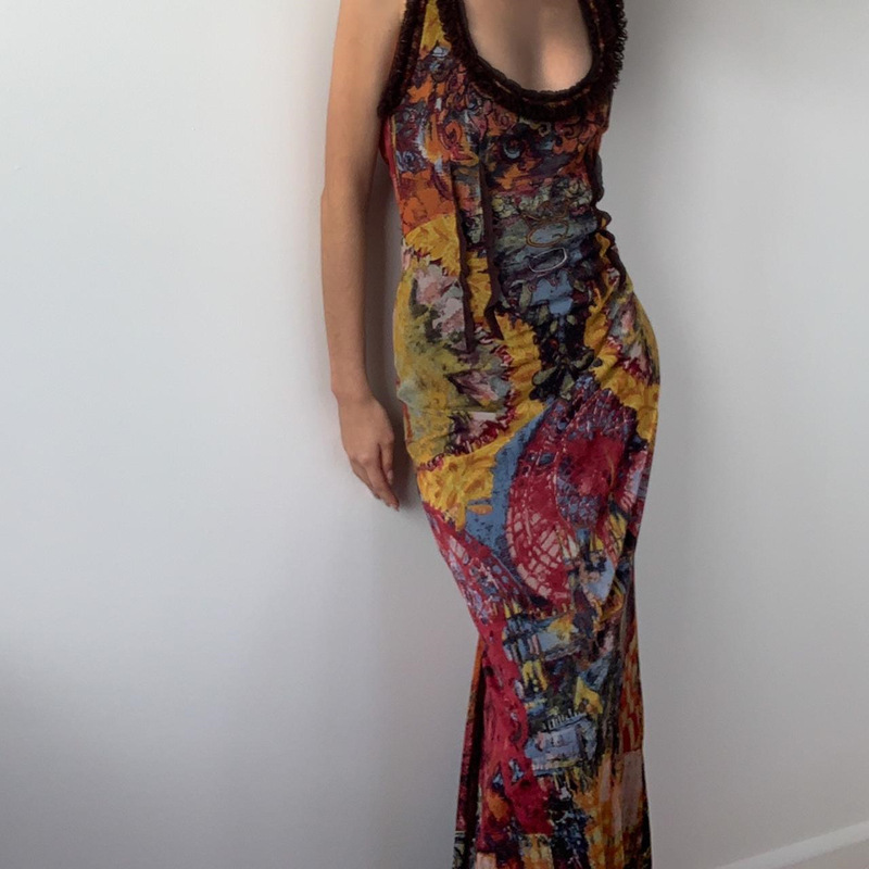 ins European and American Women's 2023 Summer New Fashion Vintage Tie-Dye Printed Sexy U-Neck Slim-Fit Dress Long Dress