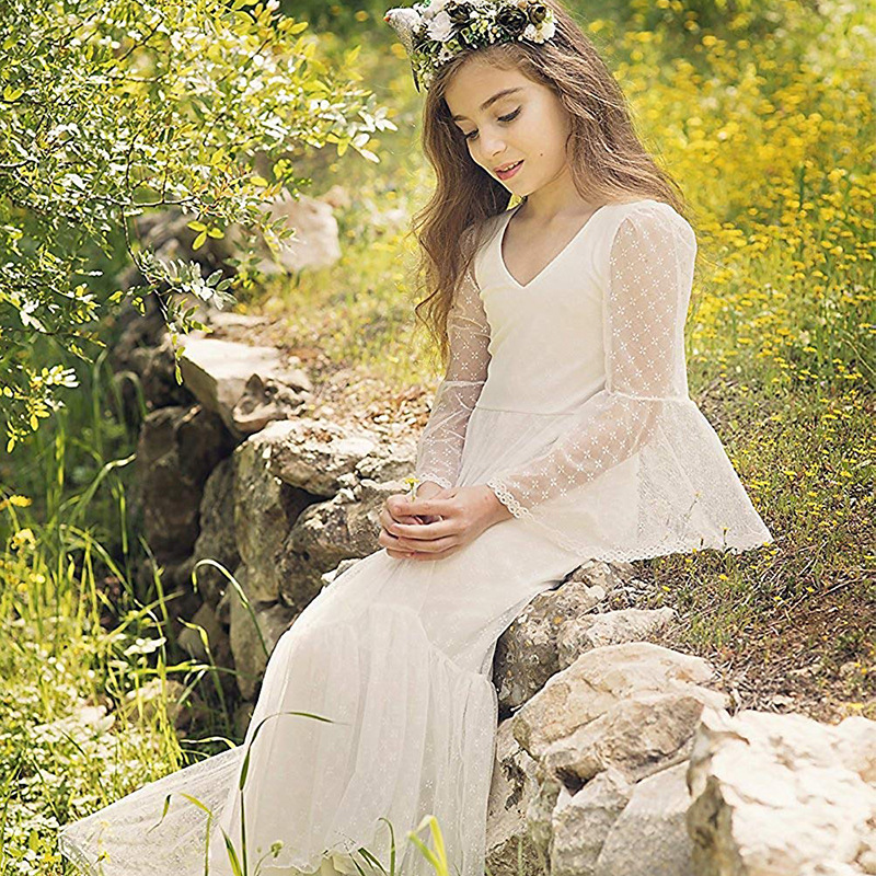 New European and American Cross-border Children's Wedding Dress Girls' Lace Long Sleeve Birthday Performance Simple Princess Long Dress