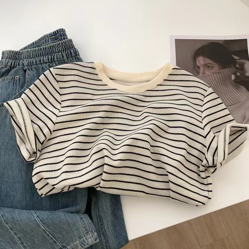 Pure Cotton Waffle Striped Short-sleeved T-shirt Women's ins Fashionable Loose Lazy Style Top All-match T-shirt Spring and Summer Base Shirt