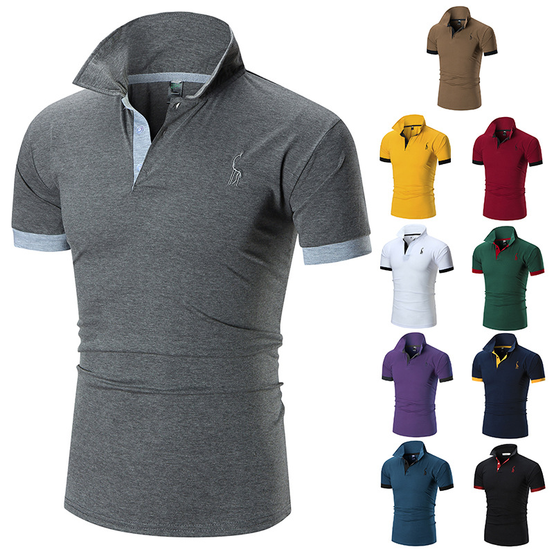 New foreign trade multi-color short-sleeved men's polo shirt European and American casual deer embroidered top outdoor slim thin T-shirt